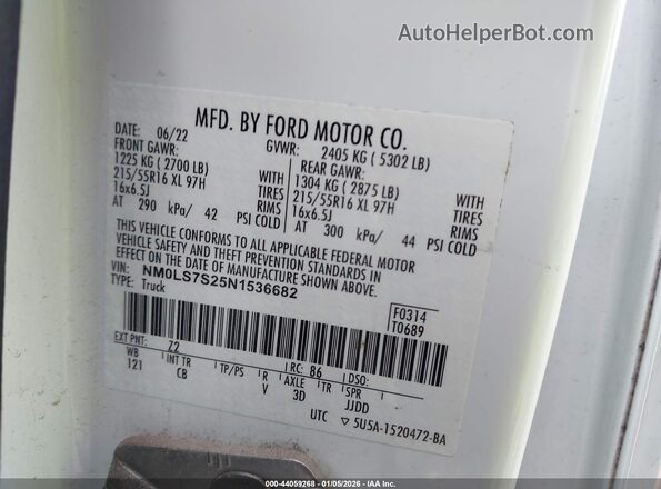 NM0LS7S25N1536682 2022 FORD TRANSIT CONNECT White Вид наклейки з VIN-кодом