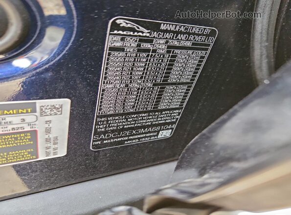 SADCJ2EX3MA681044 2021 JAGUAR F-PACE Синий Вид наклейки с VIN-кодом