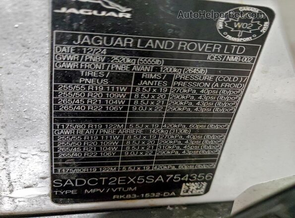 SADCT2EX5SA754356 2025 JAGUAR F-PACE White VIN sticker view