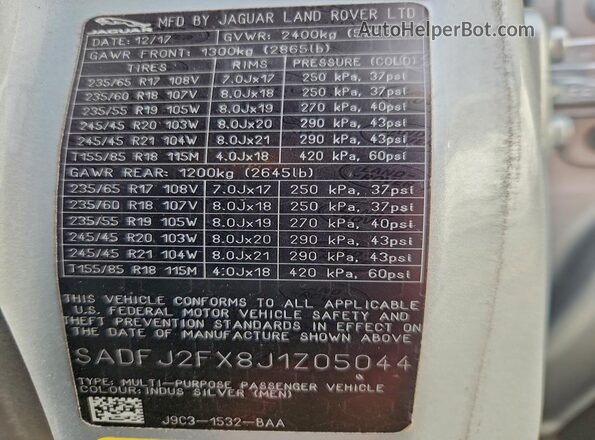 SADFJ2FX8J1Z05044 2018 JAGUAR E-PACE Silver VIN sticker view