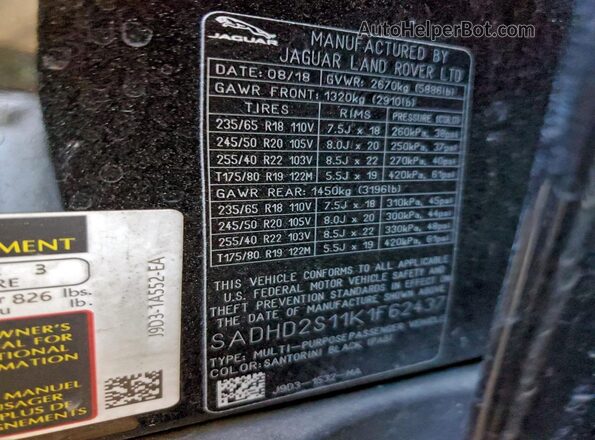 SADHD2S11K1F62437 2019 JAGUAR I-PACE Black VIN sticker view