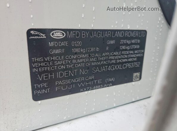 SAJAT4GXXLCP63752 2020 JAGUAR XF Белый Вид наклейки с VIN-кодом