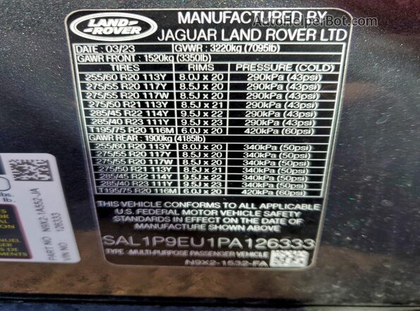 SAL1P9EU1PA126333 2023 LAND ROVER RANGE Black VIN կոդի պիտակի տեսք