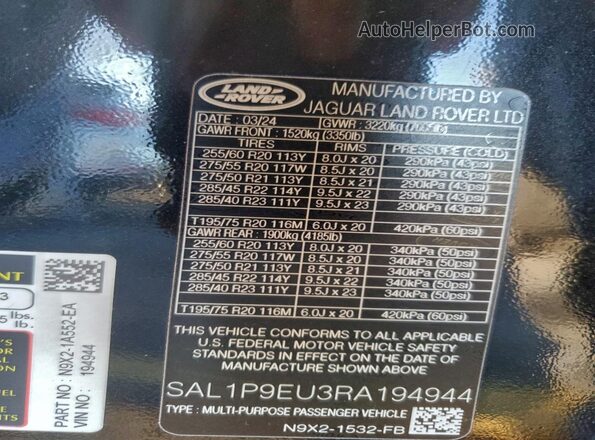 SAL1P9EU3RA194944 2024 LAND ROVER RANGE Черный Вид подкапотного пространства