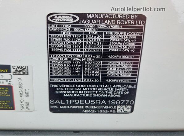 SAL1P9EU5RA198770 2024 LAND ROVER RANGE White Vista interior de 360 grados