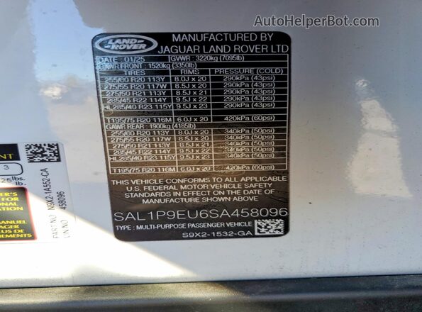 SAL1P9EU6SA458096 2025 LAND ROVER RANGE Белый Вид наклейки с VIN-кодом