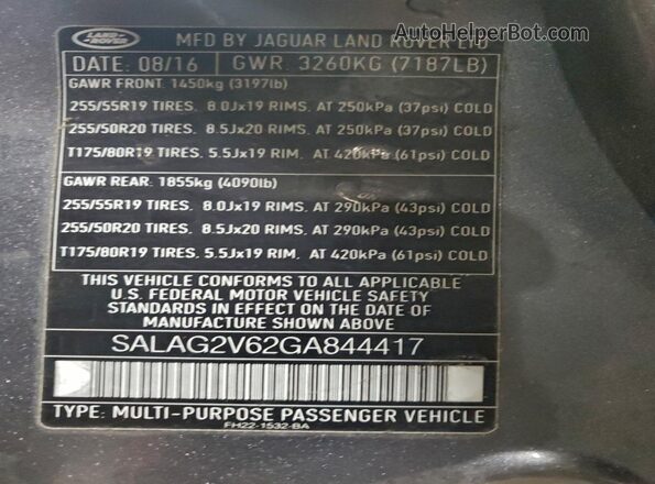 SALAG2V62GA844417 2016 LAND ROVER LR4 Серый Вид наклейки с VIN-кодом