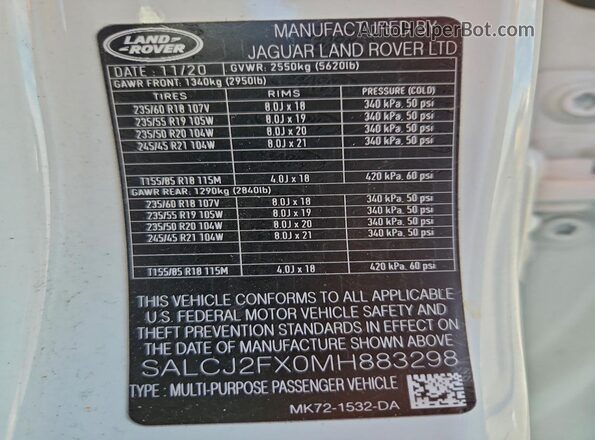 SALCJ2FX0MH883298 2021 LAND ROVER DISCOVERY White VIN sticker view