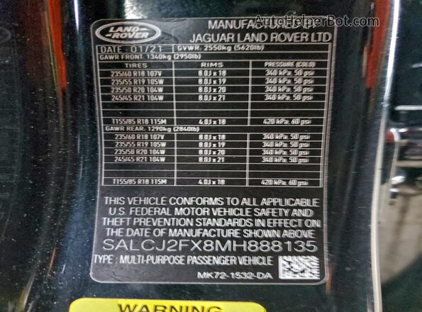 SALCJ2FX8MH888135 2021 LAND ROVER DISCOVERY Black Vista de la etiqueta del VIN