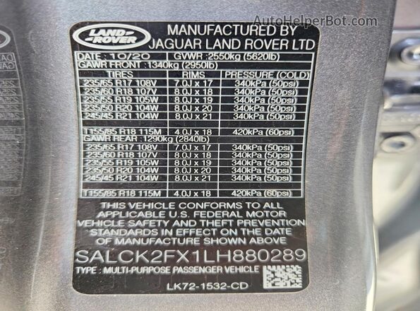 SALCK2FX1LH880289 2020 LAND ROVER DISCOVERY Gray Engine compartment view