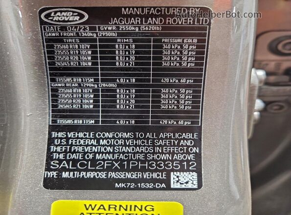 SALCL2FX1PH333512 2023 LAND ROVER DISCOVERY Gray VIN sticker view