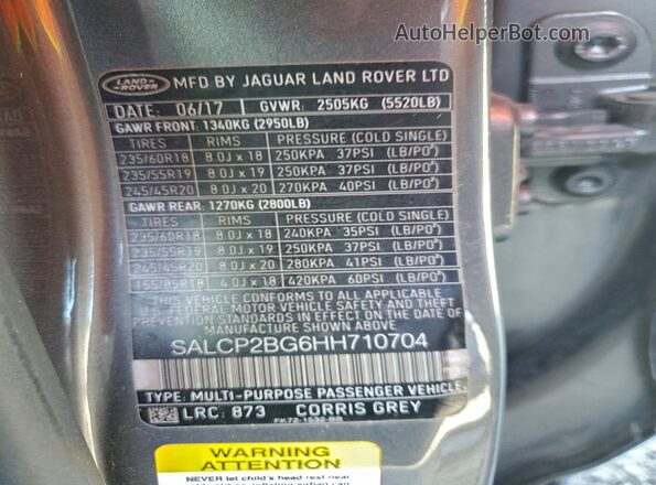SALCP2BG6HH710704 2017 LAND ROVER DISCOVERY Gray VIN sticker view