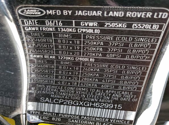 SALCP2BGXGH629915 2016 LAND ROVER DISCOVERY Черный Вид наклейки с VIN-кодом