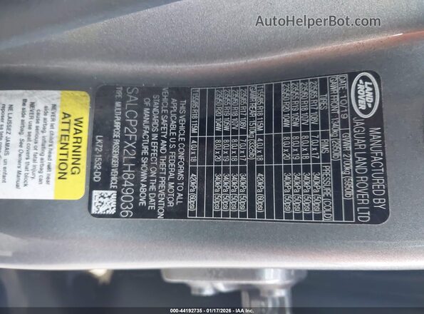 SALCP2FX2LH849036 2020 LAND ROVER DISCOVERY SPORT Gray ძრავის განყოფილების ხედი