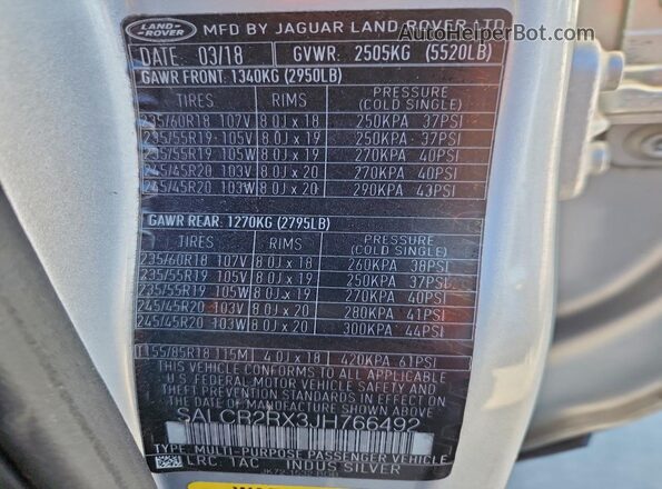 SALCR2RX3JH766492 2018 LAND ROVER DISCOVERY Серебряный Вид наклейки с VIN-кодом