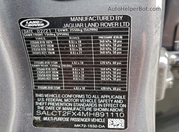 SALCT2FX4MH891110 2021 LAND ROVER DISCOVERY Gray Vista interior de 360 grados