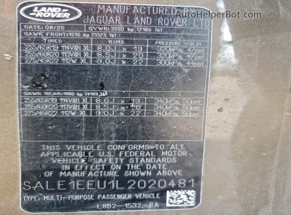 SALE1EEU1L2020481 2020 LAND ROVER DEFENDER Brown VIN კოდის სტიკერის ხედი