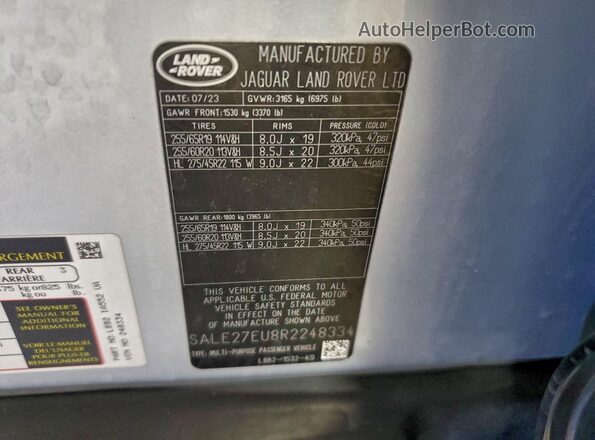 SALE27EU8R2248334 2024 LAND ROVER DEFENDER Silver Widok naklejki z numerem VIN
