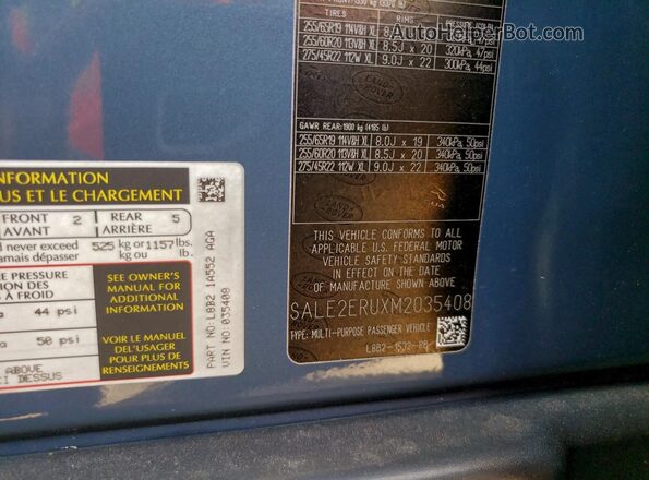 SALE2ERUXM2035408 2021 LAND ROVER DEFENDER Бирюзовый Панорамный вид салона 360°