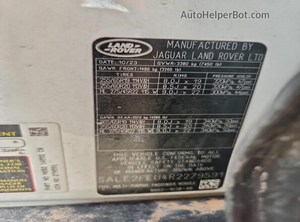 SALE2FEU4R2279591 2024 LAND ROVER DEFENDER White 360 interior view