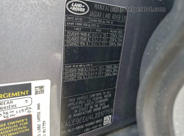 SALE9EEU4L2017759 2020 LAND ROVER DEFENDER Серый Вид наклейки с VIN-кодом