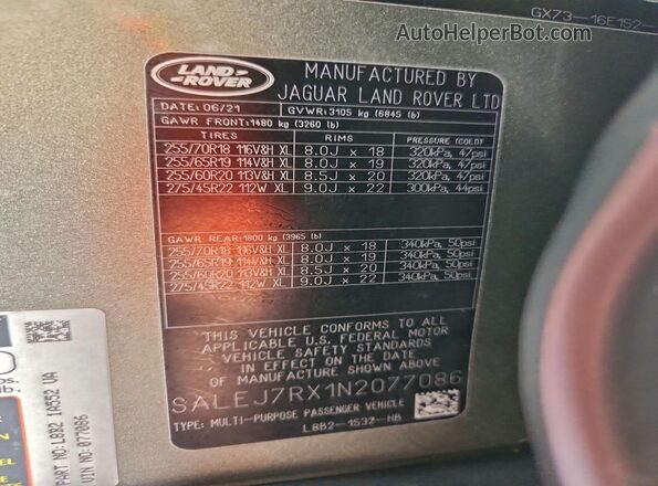 SALEJ7RX1N2077086 2022 LAND ROVER DEFENDER Зеленый Вид наклейки с VIN-кодом