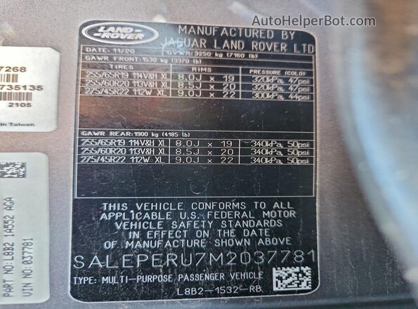 SALEPERU7M2037781 2021 LAND ROVER DEFENDER Серый Вид наклейки с VIN-кодом