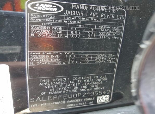 SALEPFEU0P2195542 2023 LAND ROVER DEFENDER Черный Панорамный вид салона 360°