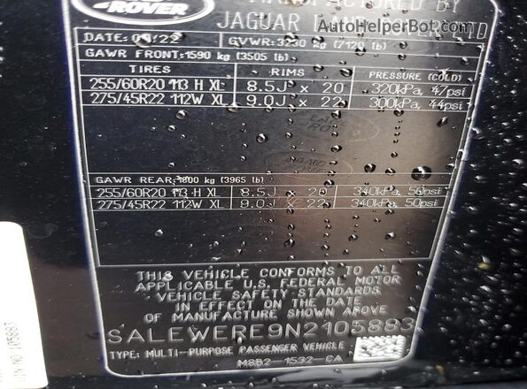 SALEWERE9N2105883 2022 LAND ROVER DEFENDER Black Widok naklejki z numerem VIN