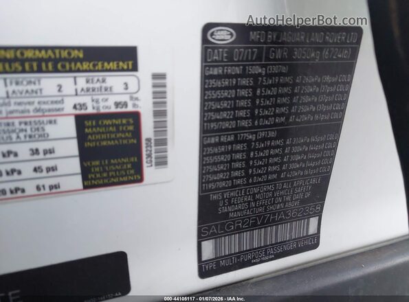 SALGR2FV7HA362358 2017 LAND ROVER RANGE ROVER Белый Вид подкапотного пространства