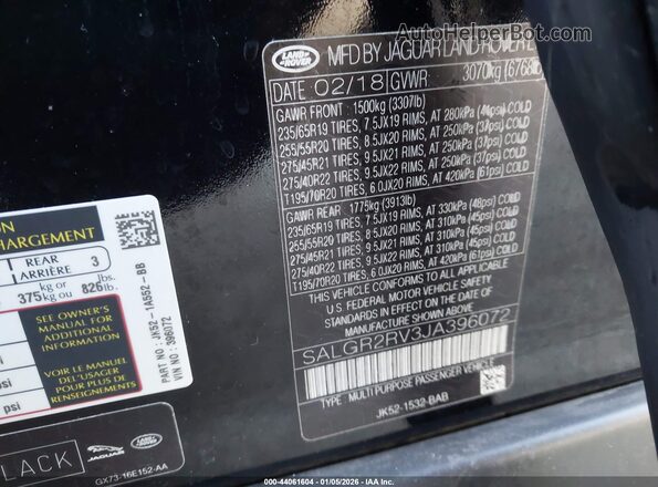 SALGR2RV3JA396072 2018 LAND ROVER RANGE ROVER Черный Вид подкапотного пространства