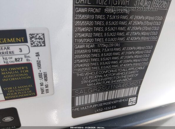 SALGR2SU1NA463601 2022 LAND ROVER RANGE ROVER Белый Вид подкапотного пространства