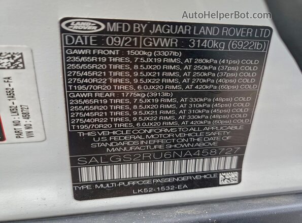 SALGS2RU6NA458727 2022 LAND ROVER RANGE Белый Вид наклейки с VIN-кодом