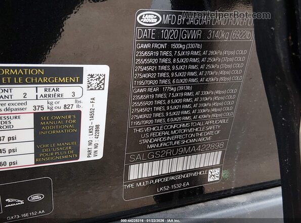 SALGS2RU9MA422898 2021 LAND ROVER RANGE ROVER Black Widok komory silnika