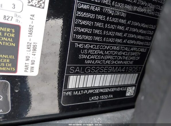 SALGS2SE9MA419051 2021 LAND ROVER RANGE ROVER Black Widok komory silnika