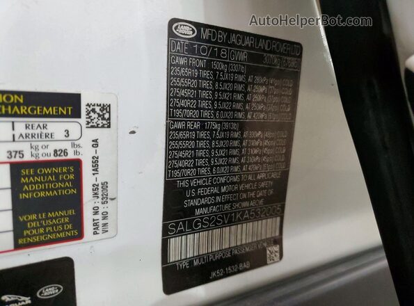 SALGS2SV1KA532005 2019 LAND ROVER RANGE White VIN sticker view