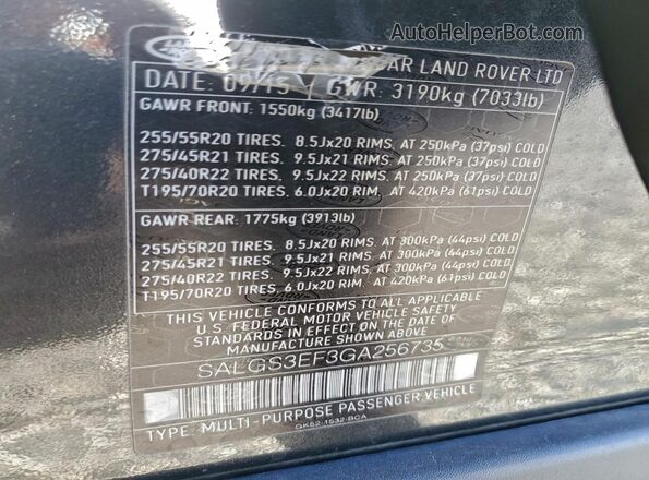 SALGS3EF3GA256735 2016 LAND ROVER RANGE Charcoal Widok naklejki z numerem VIN