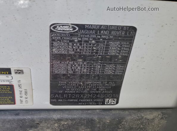 SALRT2RX2M2450018 2021 LAND ROVER DISCOVERY White VIN კოდის სტიკერის ხედი