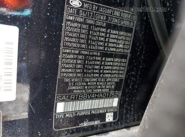 SALRTBBV4HA017529 2017 LAND ROVER DISCOVERY Черный Вид наклейки с VIN-кодом