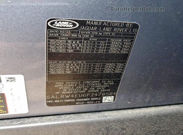 SALRW4EU6P2478584 2023 LAND ROVER DISCOVERY Teal Widok naklejki z numerem VIN