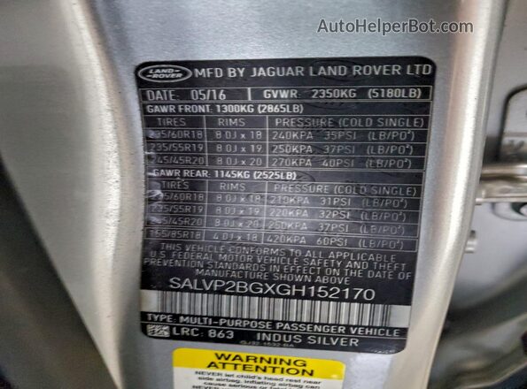 SALVP2BGXGH152170 2016 LAND ROVER RANGE Серебряный Вид наклейки с VIN-кодом