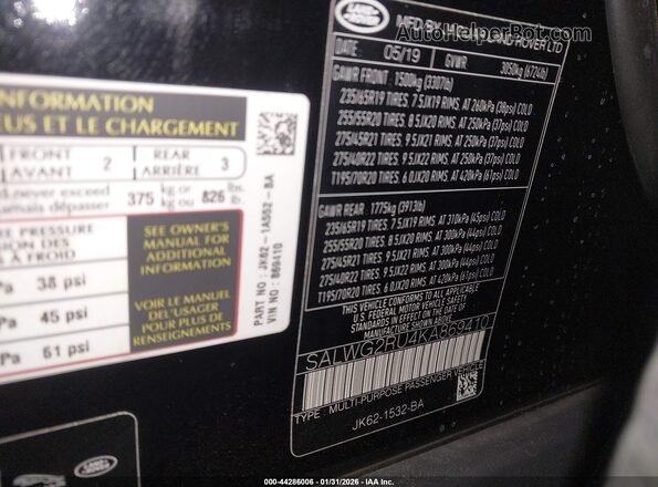 SALWG2RU4KA869410 2019 LAND ROVER RANGE ROVER SPORT Черный Вид подкапотного пространства