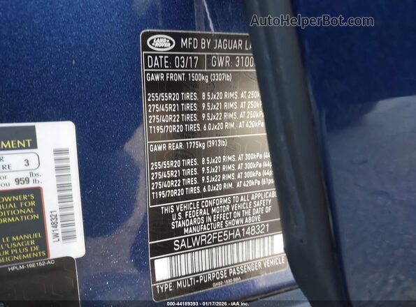 SALWR2FE5HA148321 2017 LAND ROVER RANGE ROVER SPORT Синий Вид подкапотного пространства