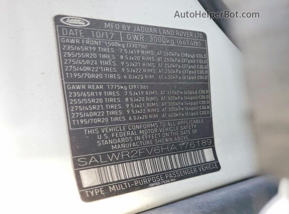 SALWR2FV6HA176189 2017 LAND ROVER RANGE White Vista de la etiqueta del VIN