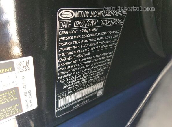 SALWR2SE0NA234783 2022 LAND ROVER RANGE Black სალონის 360-გრადუსიანი ხედი