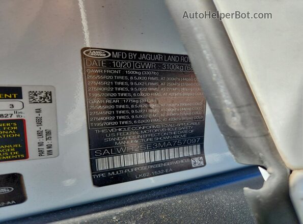 SALWR2SE3MA757097 2021 LAND ROVER RANGE White Vista de la etiqueta del VIN