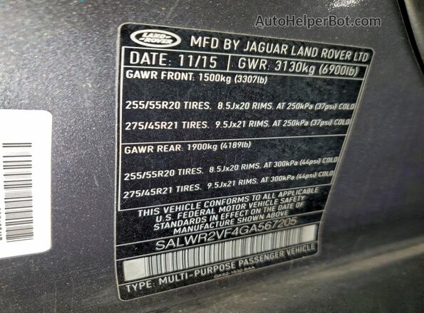 SALWR2VF4GA567205 2016 LAND ROVER RANGE Серый Вид наклейки с VIN-кодом