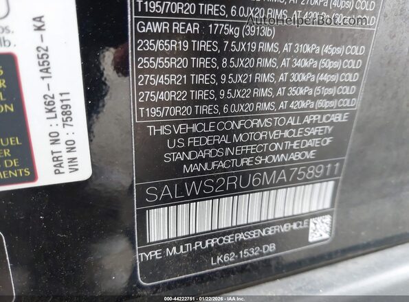SALWS2RU6MA758911 2021 LAND ROVER RANGE ROVER SPORT Black Вид підкапотного простору