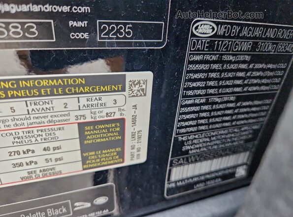 SALWV2SE0NA219275 2022 LAND ROVER RANGE Черный Вид наклейки с VIN-кодом