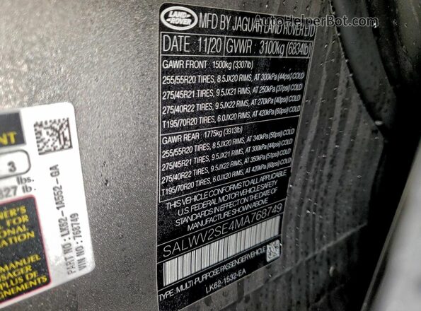 SALWV2SE4MA768749 2021 LAND ROVER RANGE Желто-коричневый Панорамный вид салона 360°